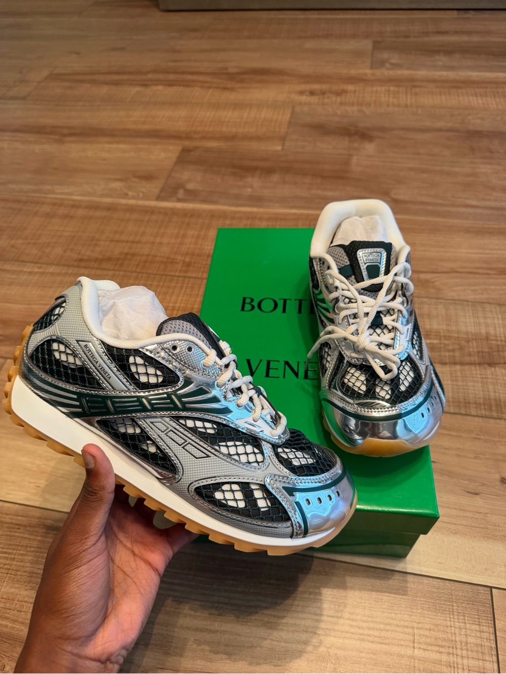 Bottega Veneta Silver, Black & White Mesh Runner Sneakers